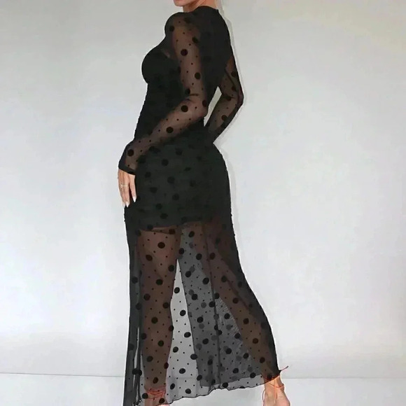 Black Preppy Womens Polka Dot Print Split Thigh Mesh Dress - Picture 2 of 5